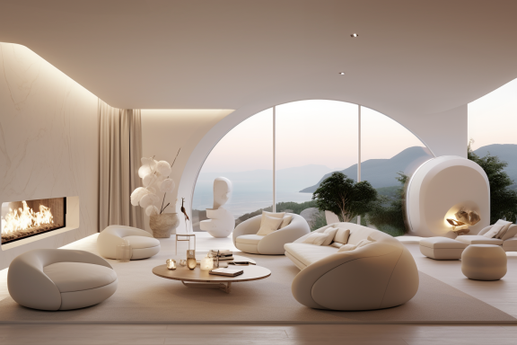 Diplomat Villa Zagaleta – Contemporary Living Room with Panoramic Views / FastDesign S.L. – All rights reserved. Contemporary living room with curved furniture, fireplace, and floor-to-ceiling arched glass framing sea and mountain scenery.