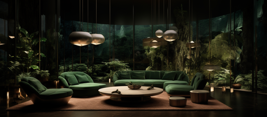 ÓM Hotel Concept Mumbai – Conversational Retreat | FastDesign SL All Rights Reserved Elegant forest-view lounge with green seating and golden lighting at ÓM Hotel Mumbai, by FastDesign SL All Rights Reserved.