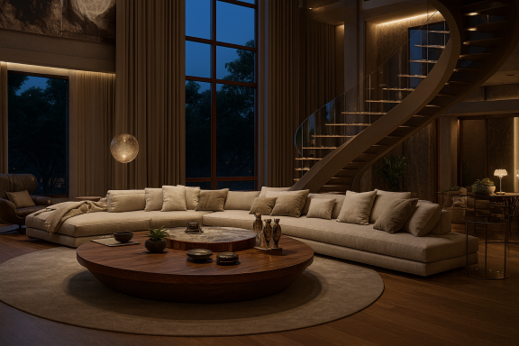 Fanthom House Bygdøy – Luxury Living Room with Curved Staircase | FastDesign SL All Rights Reserved Luxury double-height living room with curved staircase, floor-to-ceiling windows, and warm neutral interiors.