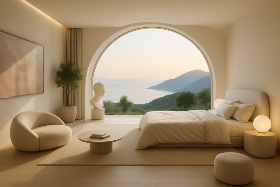 Diplomat Villa Zagaleta – Serene Master Bedroom with Coastal Views | FastDesign S.L. – All rights reserved Minimalist luxury bedroom with king-size bed, large artwork, and arched window with views of the sea and rolling green hills.