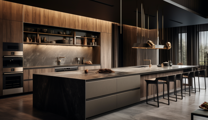 Prime Minister Pied-à-Terre — Kitchen | FastDesign S.L. All Rights Reserved Contemporary kitchen with central island, wood cabinetry, dark stone finishes, and bronze lighting accents.