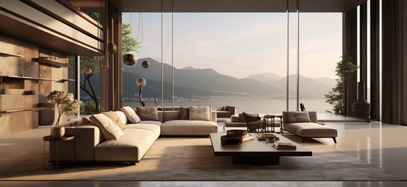 Prime Minister Pied-à-Terre — Lounge | FastDesign S.L. All Rights Reserved Luxury lounge with oversized sectional sofa, panoramic windows, and lake view at Prime Minister Pied-à-Terre.