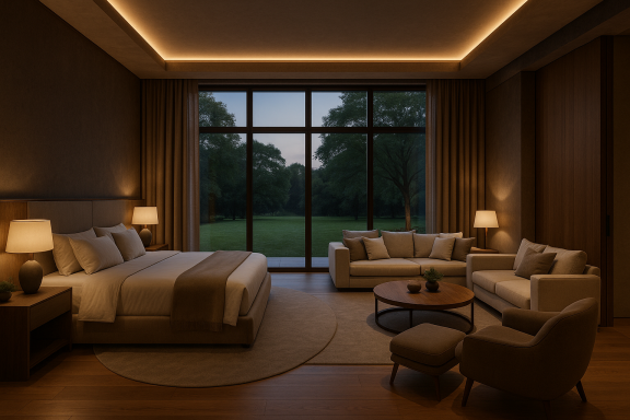 Fanthom House Bygdøy – Guest Suite with Lounge and Garden View | FastDesign SL All Rights Reserved Spacious guest bedroom with in-room lounge, warm lighting, and full-height garden views.