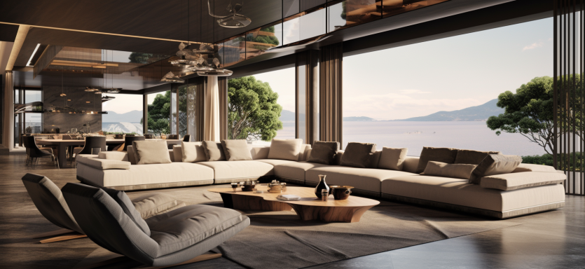 Prime Minister Pied-à-Terre — Games Room | FastDesign S.L. All Rights Reserved Spacious games room lounge with large sectional sofa, round wood coffee tables, and panoramic sea views.