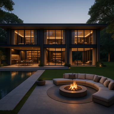 Fanthom House Bygdøy – Villa Exterior with Pool and Fire Pit | FastDesign SL All Rights Reserved Modern villa exterior with pool, outdoor dining, curved fire pit lounge, and large lawn.