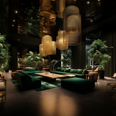 ÓM Hotel Concept Mumbai – Game Room | FastDesign SL All Rights Reserved Billiards lounge with emerald accents and warm lighting at ÓM Hotel Mumbai, crafted by FastDesign SL