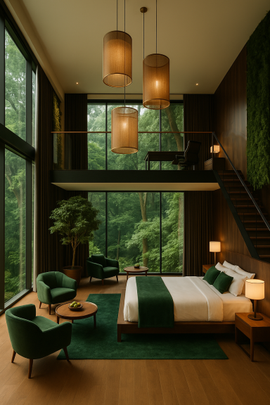 ÓM Hotel Concept Mumbai – Main Suite | FastDesign SL All Rights Reserved Double-height luxury suite with mezzanine office, emerald interiors, and forest views at ÓM Hotel Mumbai.