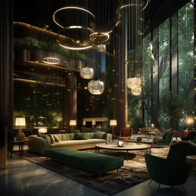 ÓM Hotel Concept Mumbai – Main Lounge | FastDesign SL All Rights Reserved Luxury main lounge with emerald velvet seating, golden lighting, and lush indoor greenery at ÓM Hotel Mumbai.