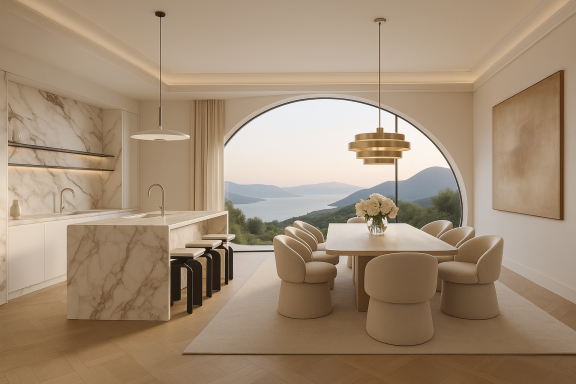 Diplomat Villa Zagaleta – Marble Kitchen & Panoramic Dining Space | FastDesign S.L. – All rights reserved Modern marble kitchen island and grand dining area with panoramic arched window overlooking the sea and mountains.