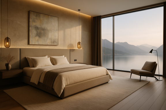 Prime Minister Pied-à-Terre — Master Bedroom | FastDesign S.L. All Rights Reserved Master bedroom with low upholstered bed, stone feature wall, pendant lights, and full-height window lake view.