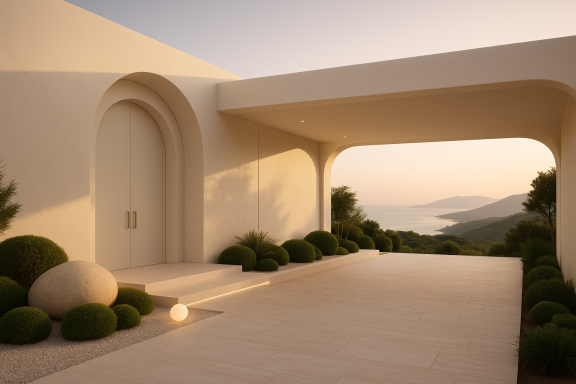 Diplomat Villa Zagaleta – Elegant Porte Cochère with Sea & Mountain Views / FastDesign S.L. – All rights reserved. Luxury villa entrance with curved architectural canopy, marble-clad walls, and panoramic sea and mountain views at sunset.