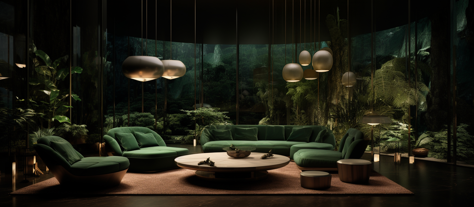 ÓM Hotel Concept Mumbai – Conversational Retreat | FastDesign SL All Rights Reserved Private conversational retreat with plush emerald sofas, low tables, and biophilic design at ÓM Hotel Mumbai.