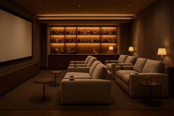 Fanthom House Bygdøy – Luxury Home Cinema with Whiskey Bar | FastDesign SL All Rights Reserved Plush home cinema with beige recliners, large screen, and backlit whiskey bar in warm tones.